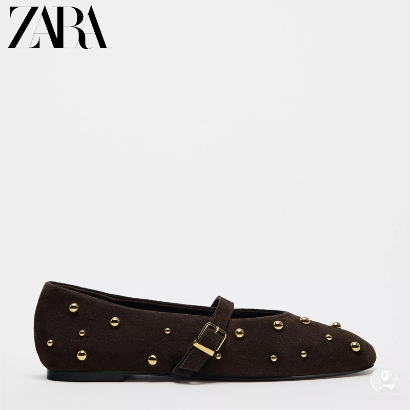 ZARA2024秋冬新品女鞋棕色反绒皮铆...